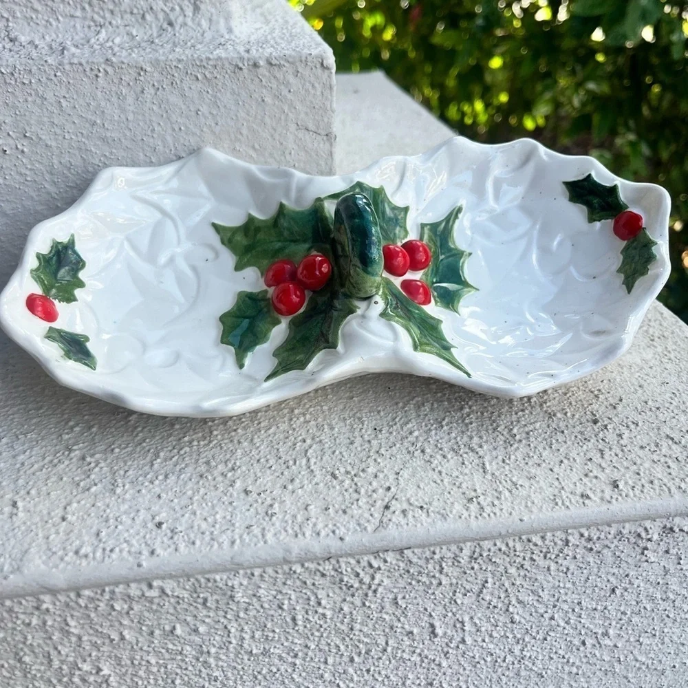 Vintage Lefton Japan White Ceramic Sectional Candy/Nut Dish w/Holly and Berries